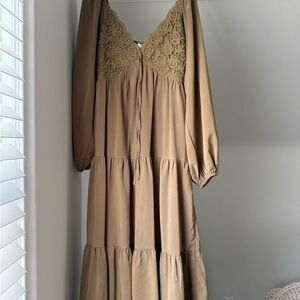 Elegant Tan Lace-Trimmed Dress